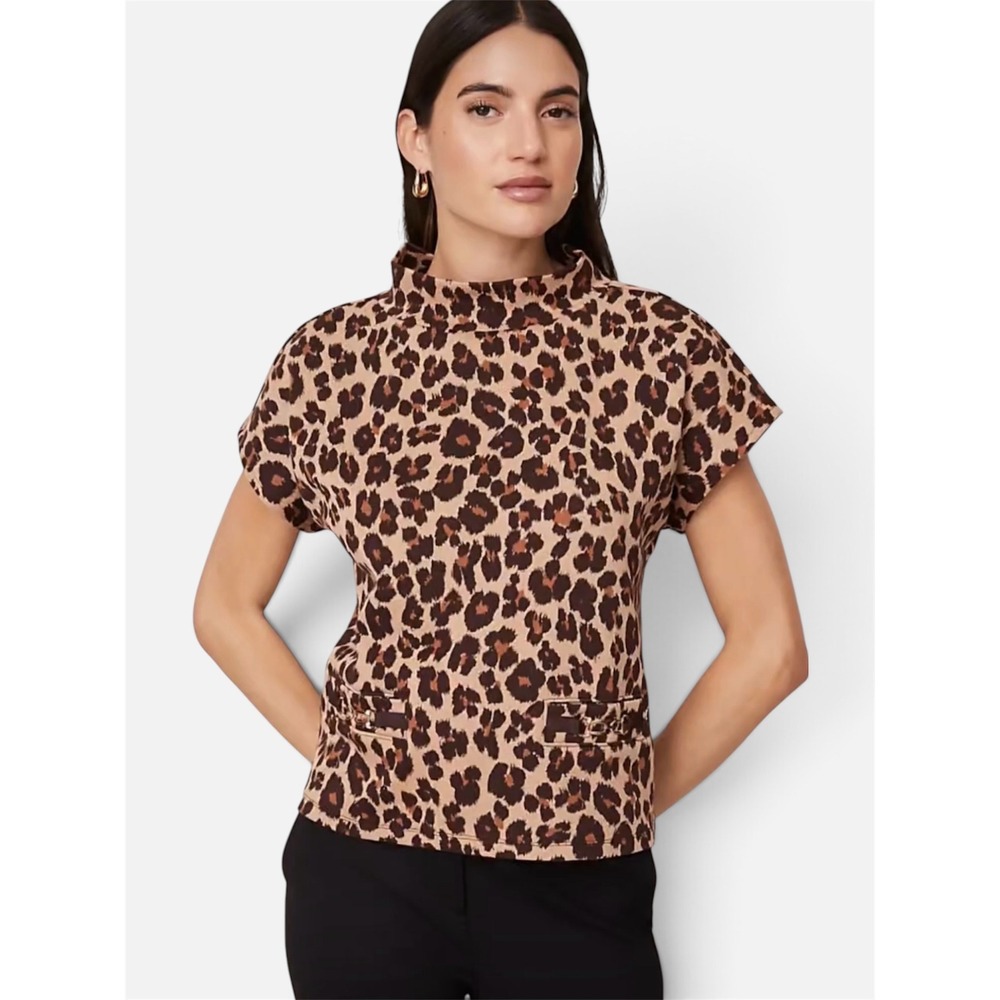 Ann Taylor Short Sleeve Knit Top Women S Brown Leopard Mock Neck Horsebit NWT